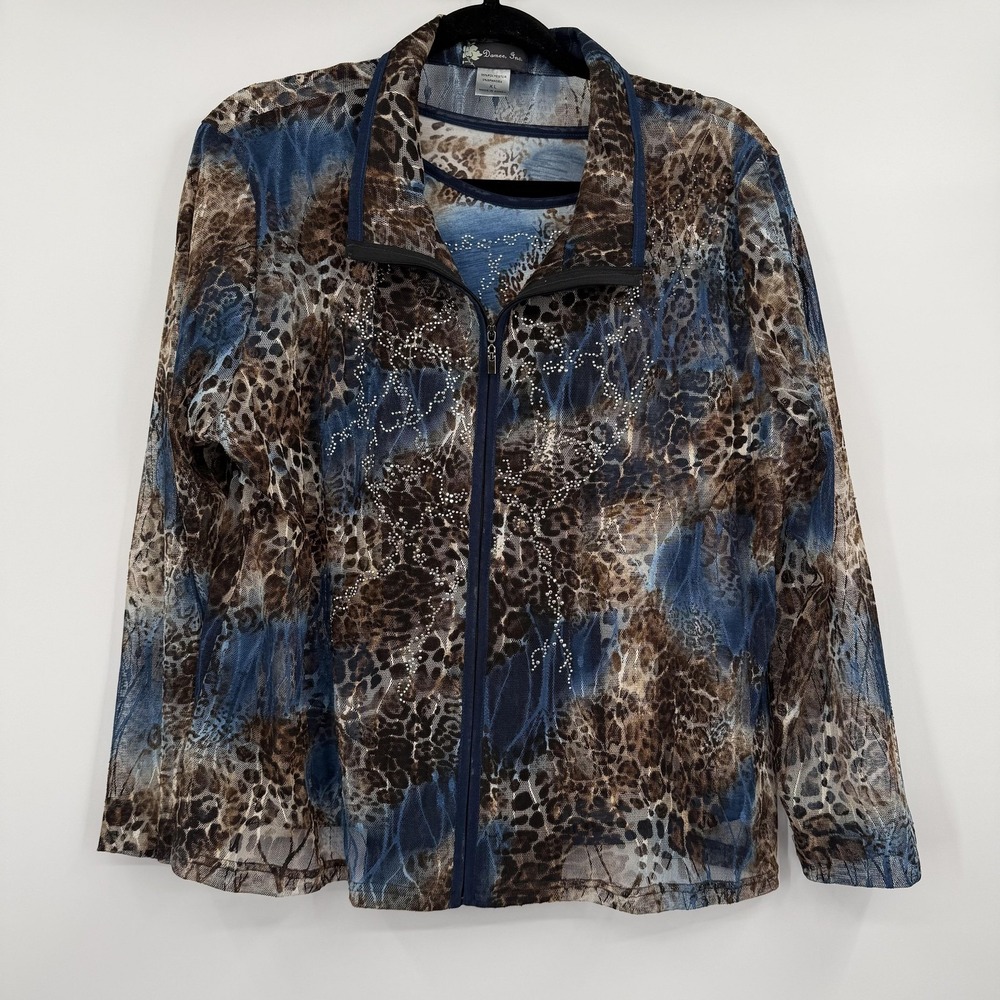 Damee Inc Blouse Jacket Set Womens XL Blue Leopard Zip Mesh Rhinestone Art